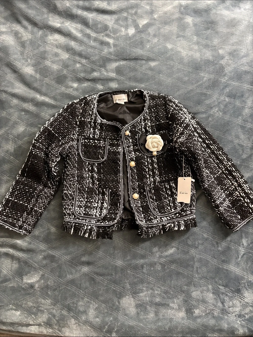 Girls Black & White Tweed Jacket with Floral Brooch